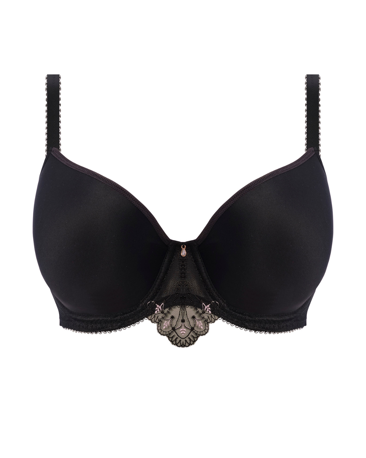 Flat lay of an underwire molded plunge bra in black