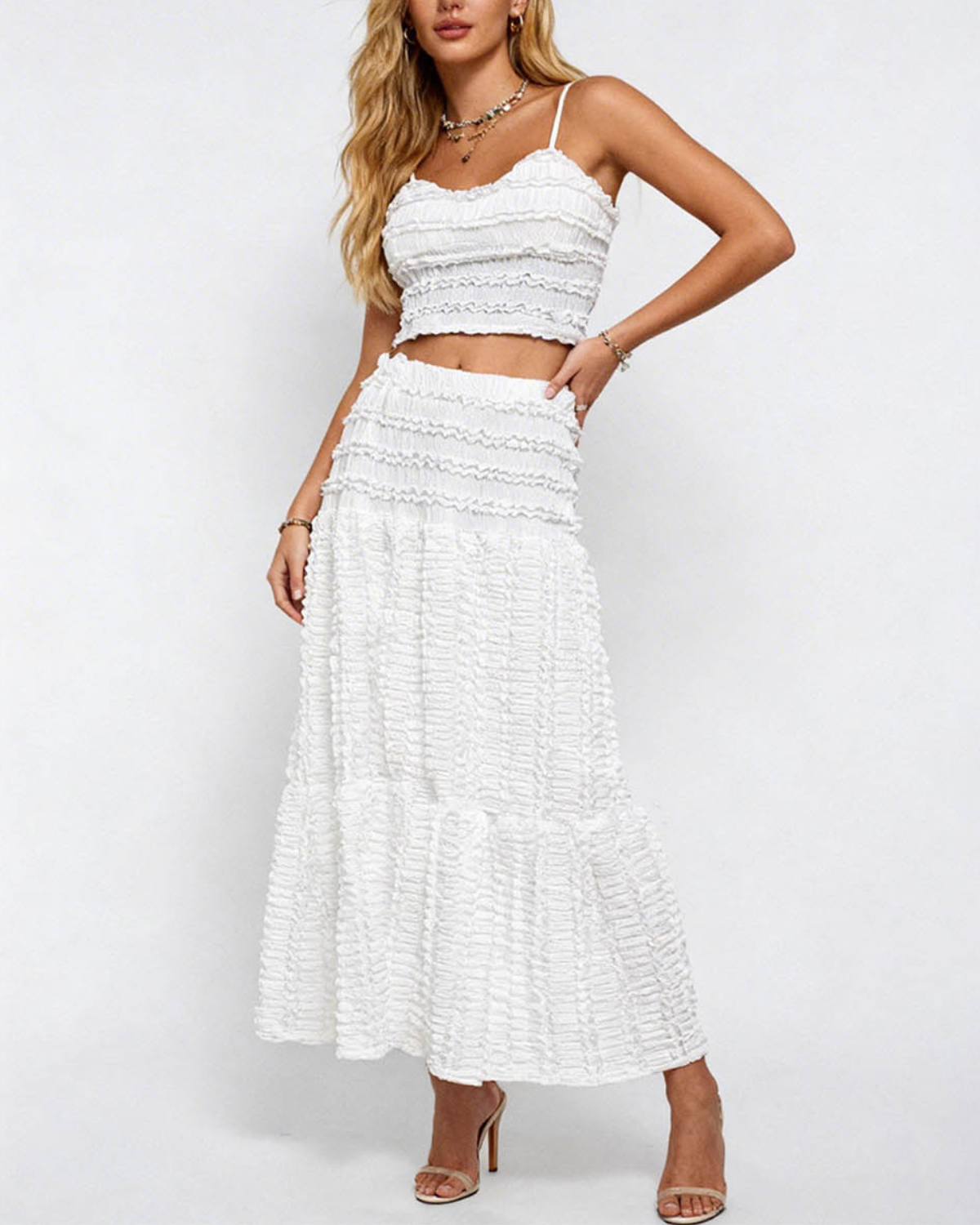 Sweet Kama Romantic Wrinkle Ruffle Cami Top & Tiered Maxi Skirt Set - 85KST6V