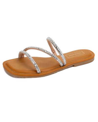 Women's strappy tan sandal with rhinestones on the straps.