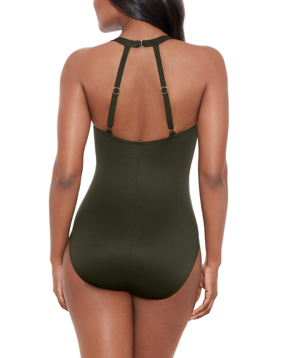 Model wearing a one piece swimsuit with a v neck and twist detail in green