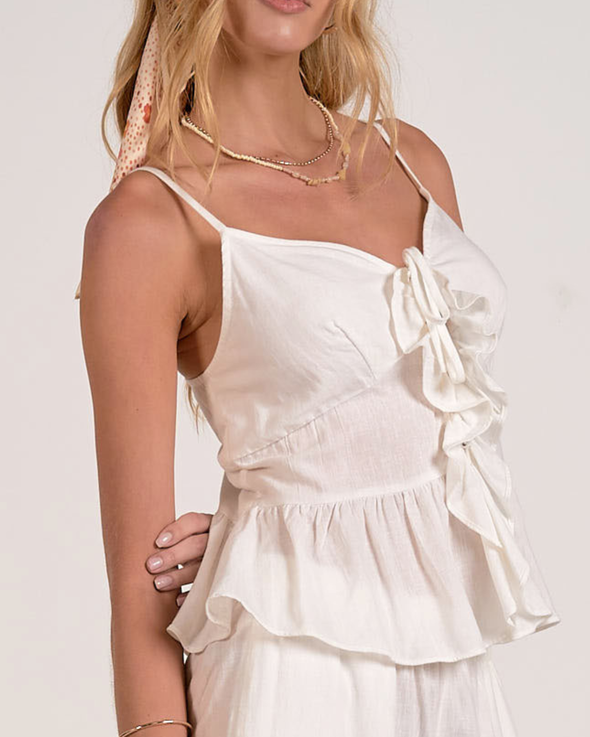 Elan Ruffle Tie Front Peplum Cami (More Colors Available) - Tl11675