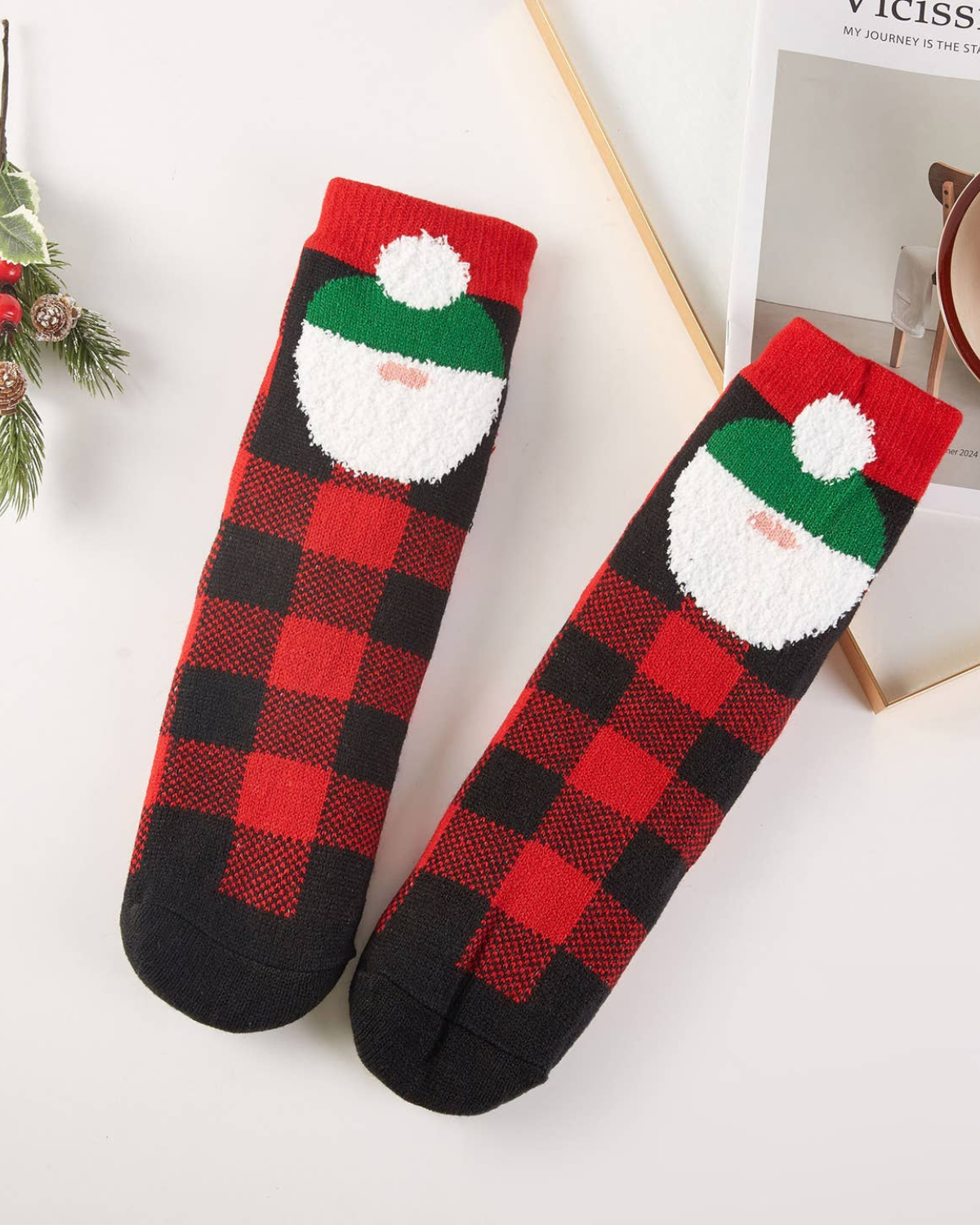 Hana Checkered Christmas Santa Fuzzy Slipper Socks - KSC2601