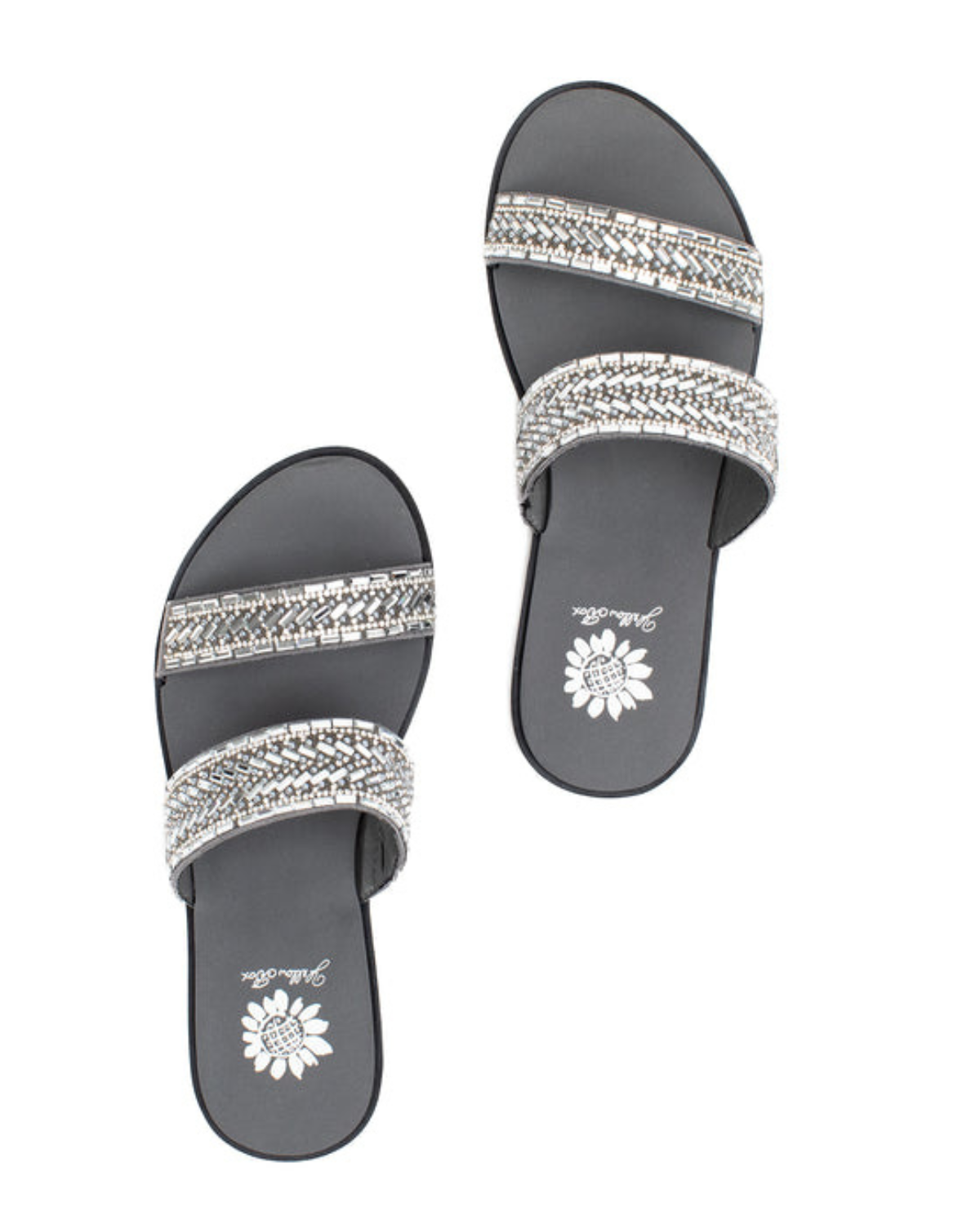 A pair of women's grey sandal with two straps of rhinostones.