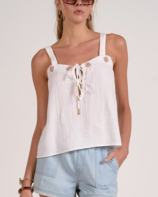 Elan Embroidered Tie Front Gauze Tank - Dge11666