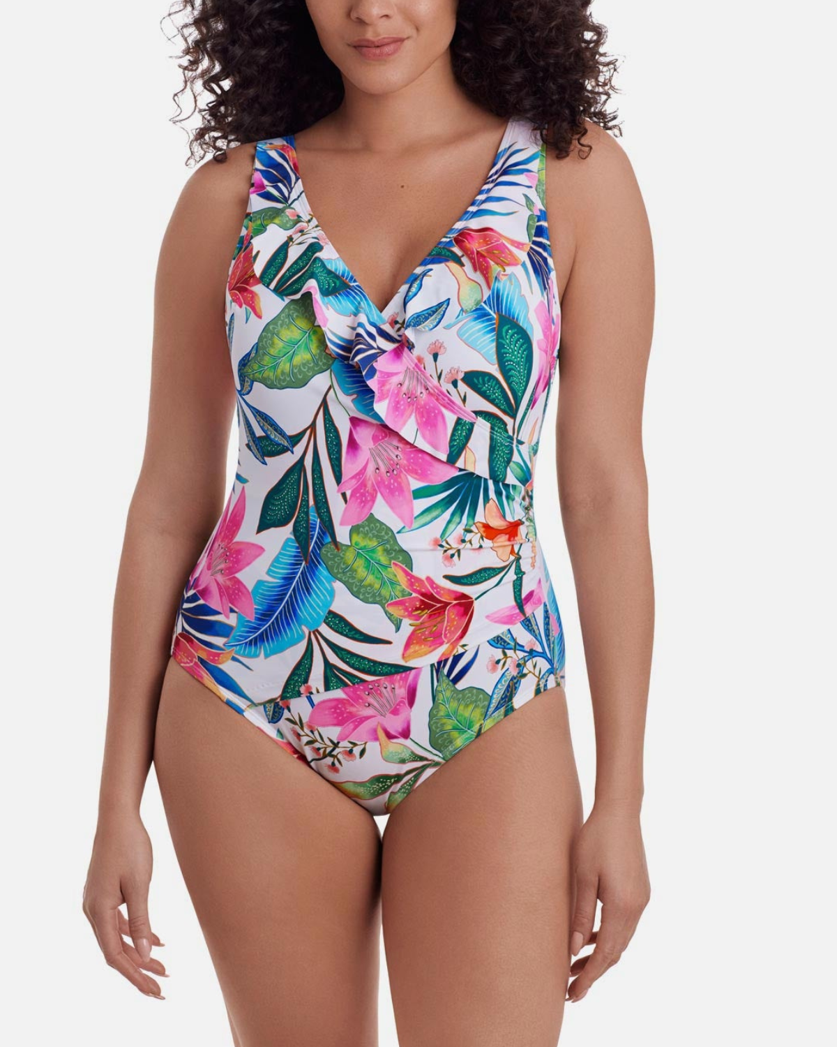 Longitude Midnight Plumeria Long Torso Ruffle Front Surplice One Piece - L260286