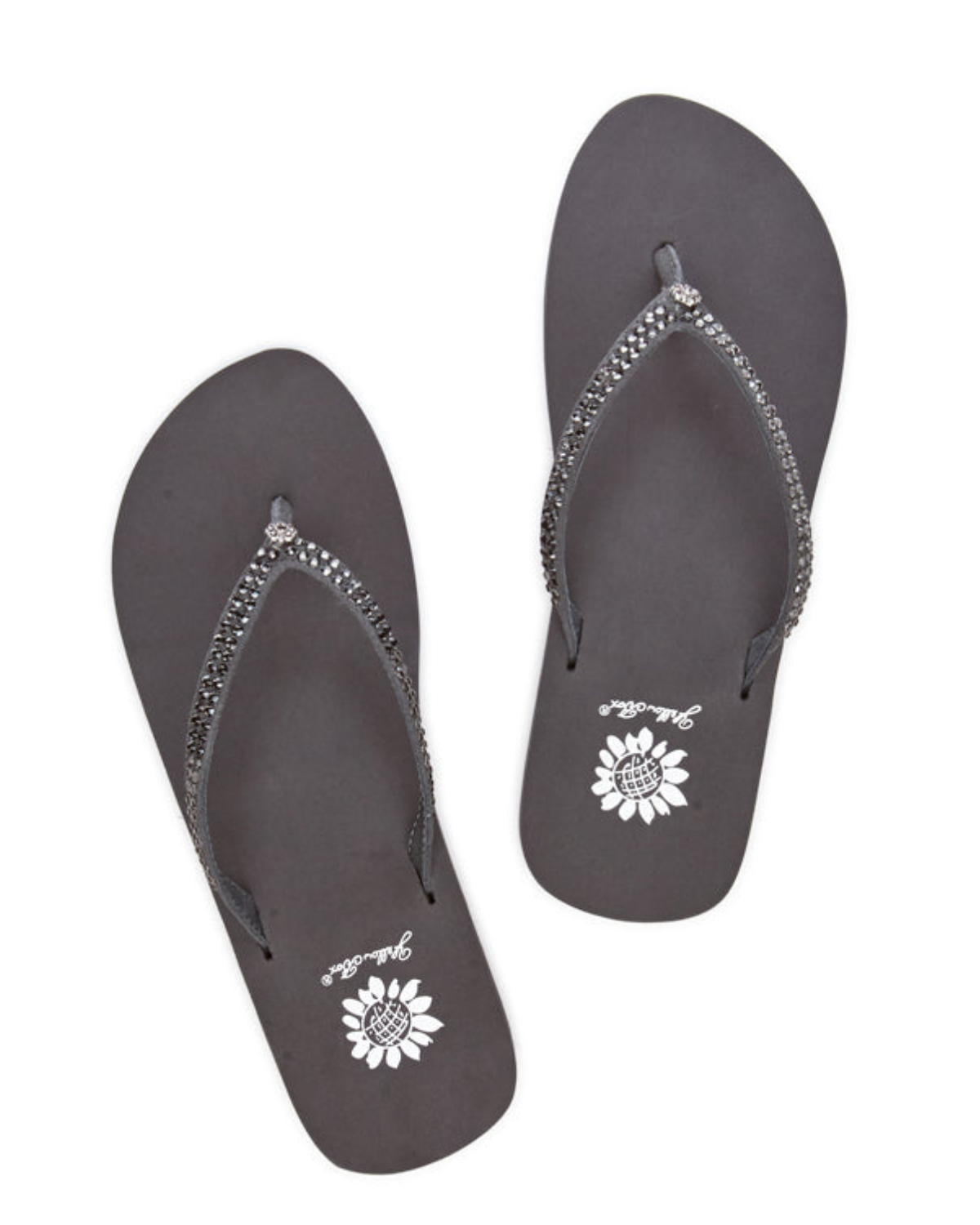 Women's grey wedge sandal with black rhinestones on the strap.