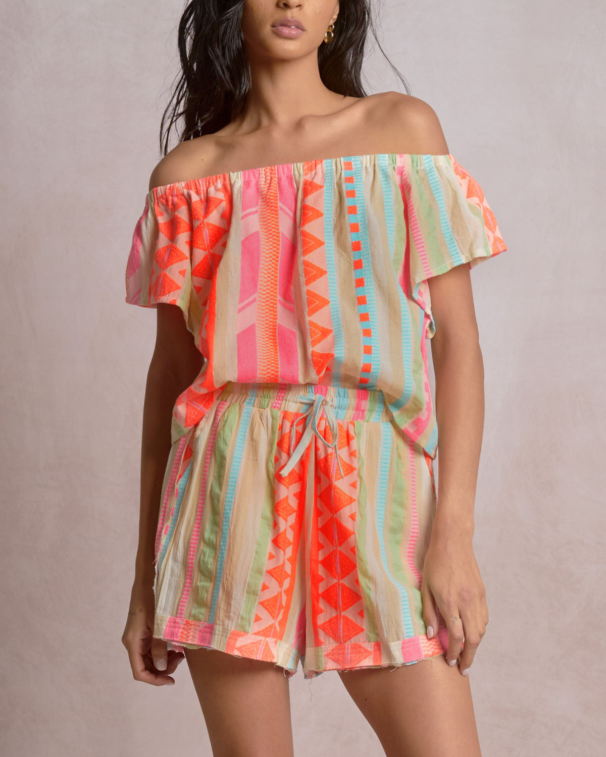 Elan Aztec Off Shoulder Romper - CNE11563