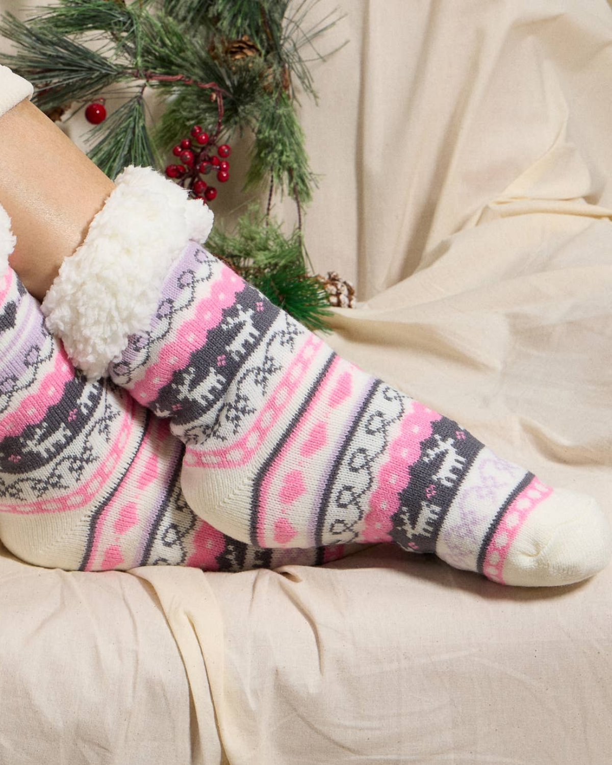 Frem Holiday Reindeer Sherpa Lined Cozy Socks - 4Ds98010
