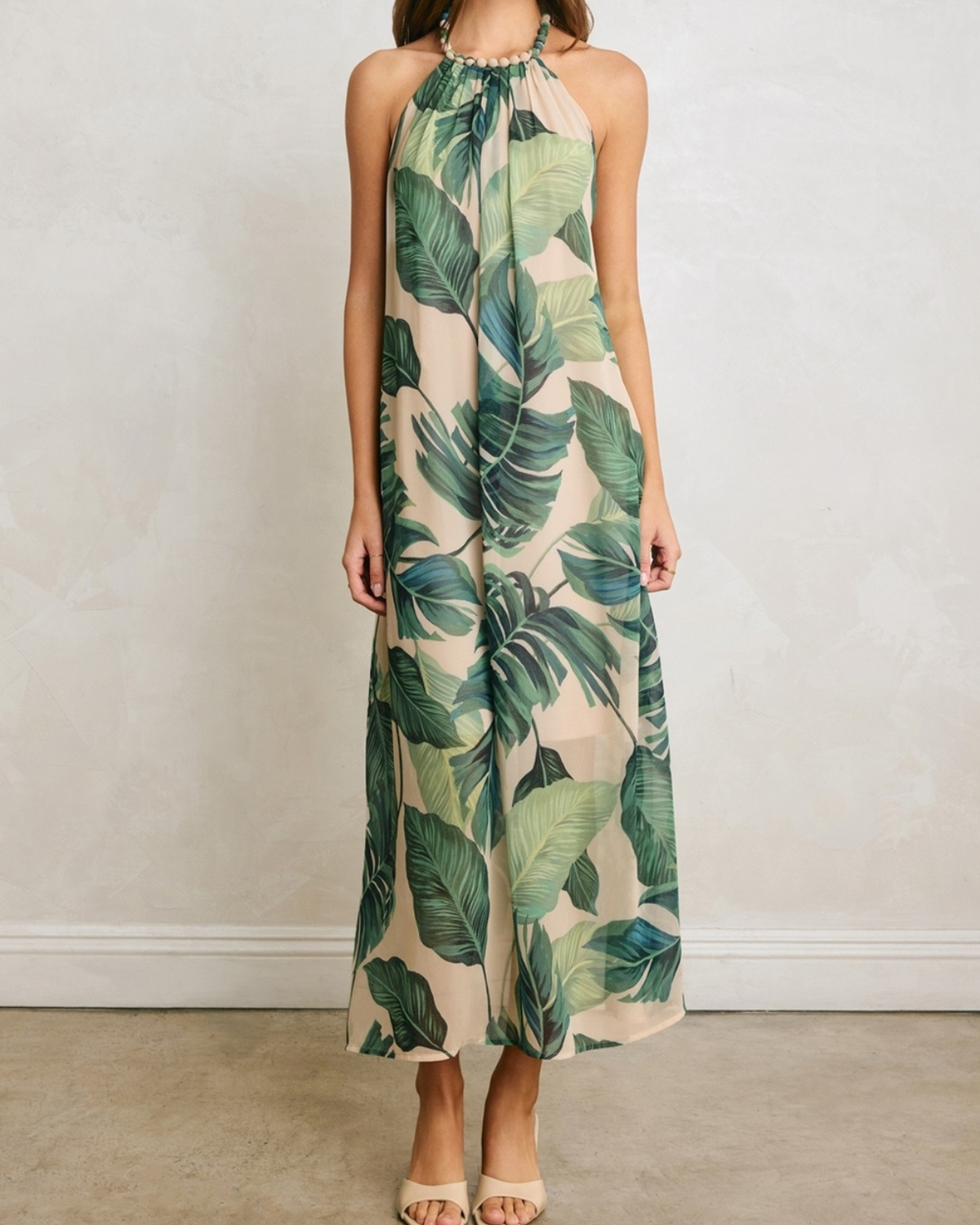 Dress Forum Tropical Leaf Beaded Halter Fluid Dress - FD14111