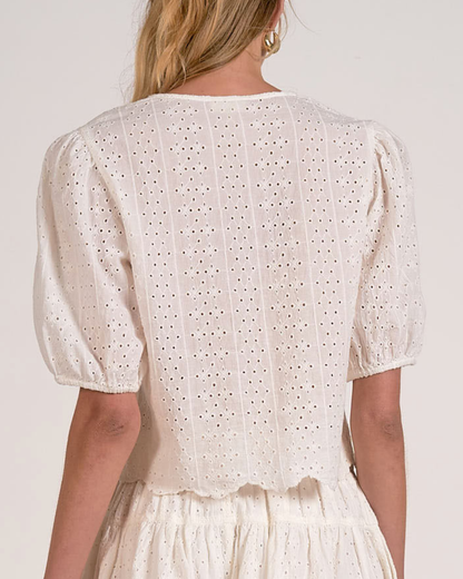 Elan Eyelet Puff Sleeve Crop Top - EL11672