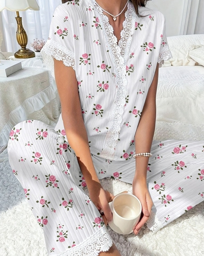 NINEXIS Print Lace Trim Short Sleeve Pajama Set - CWSPJOO468