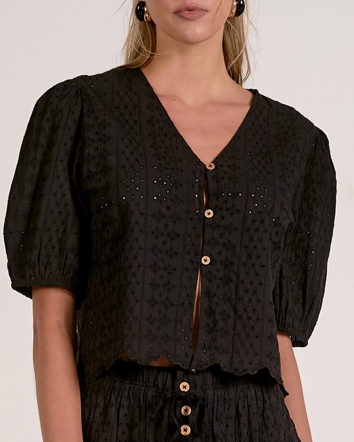 Elan Eyelet Puff Sleeve Crop Top - EL11672