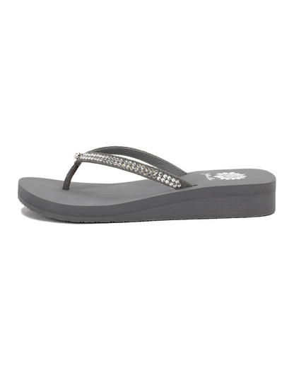 Women's grey wedge sandal with rhinestones on the strap.