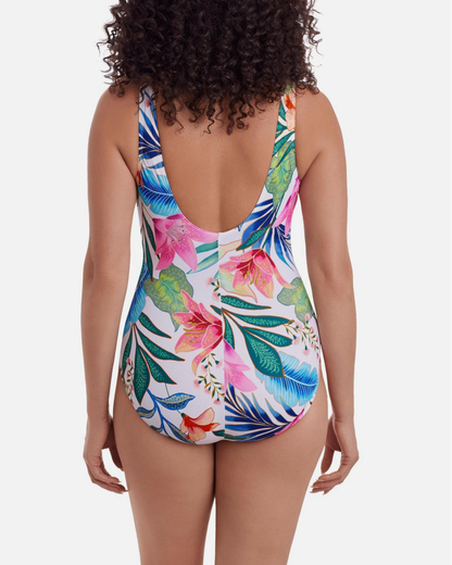 Longitude Midnight Plumeria Long Torso Ruffle Front Surplice One Piece - L260286