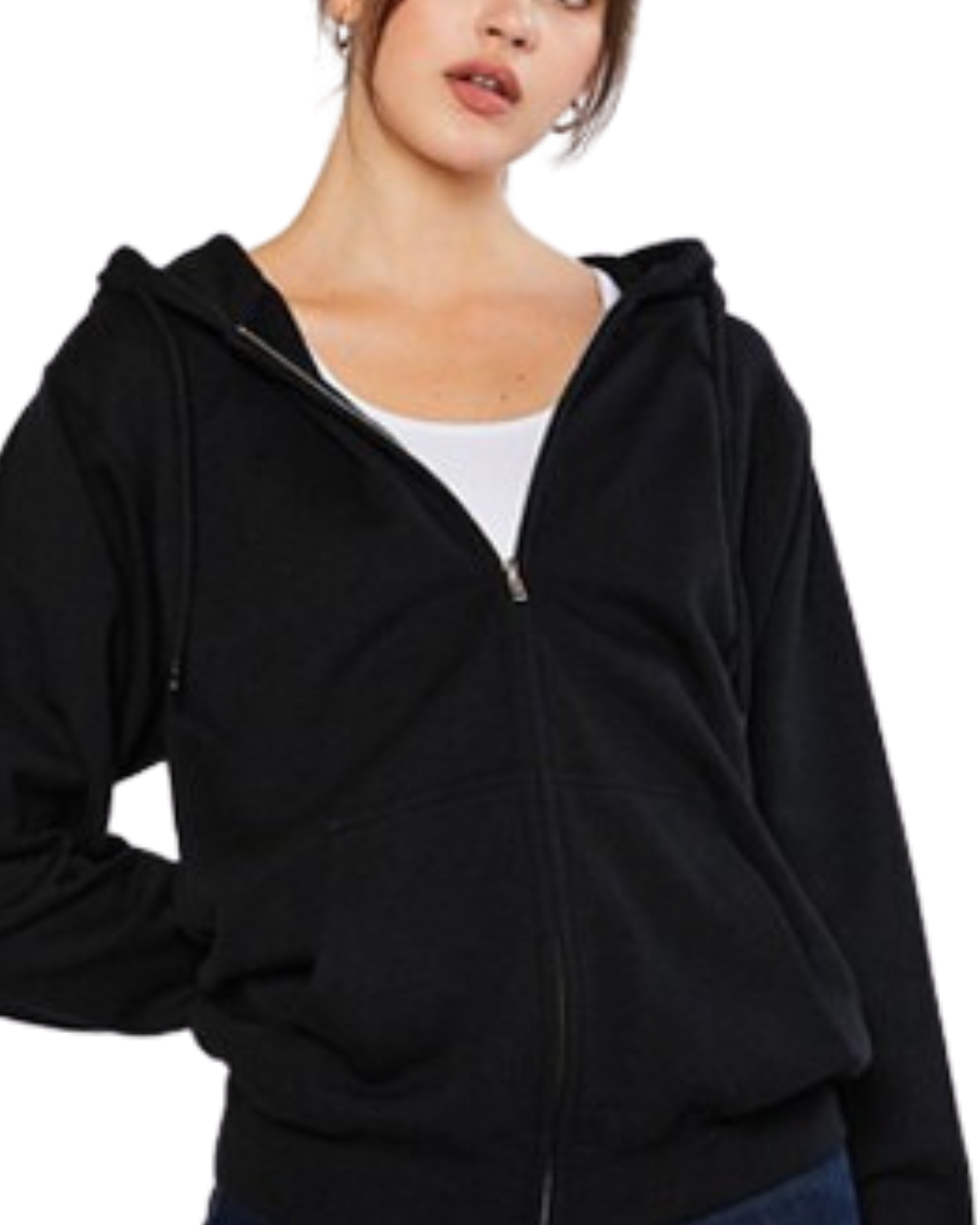 Model on a white backdrop wearing a women's oversized fleece zip up hooded sweater in solid black
