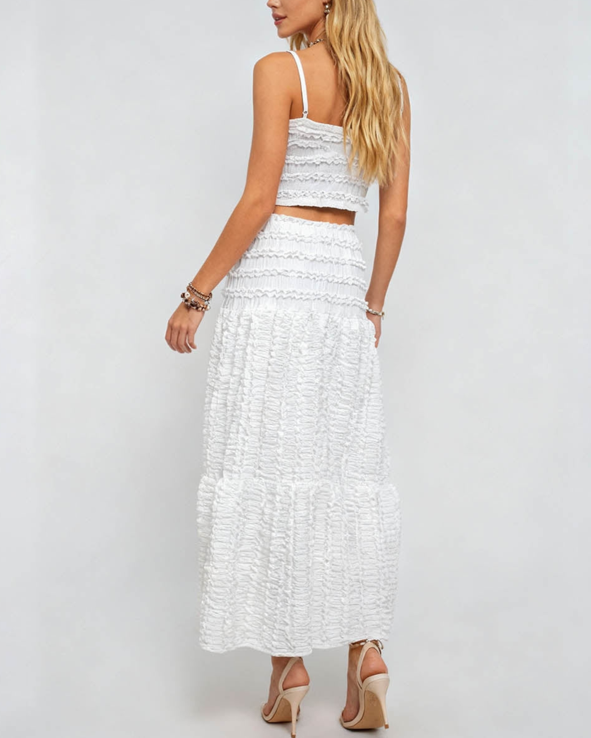 Sweet Kama Romantic Wrinkle Ruffle Cami Top & Tiered Maxi Skirt Set - 85KST6V