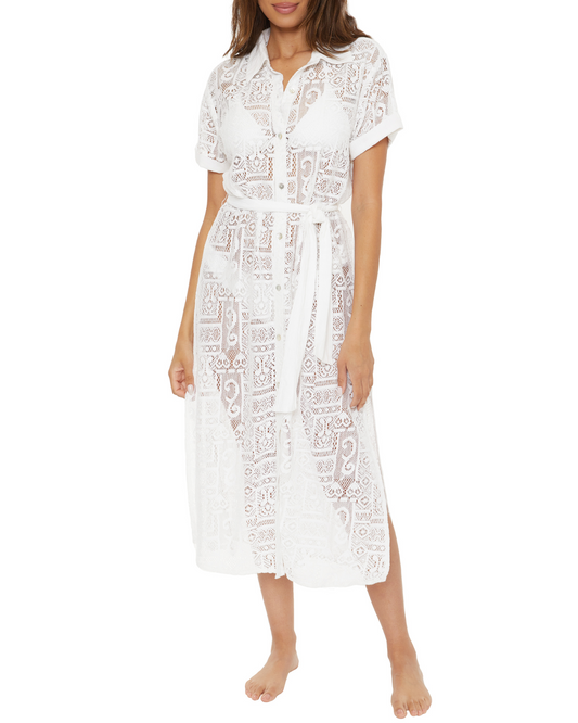 Model wearing lace maxi shirt dress in white