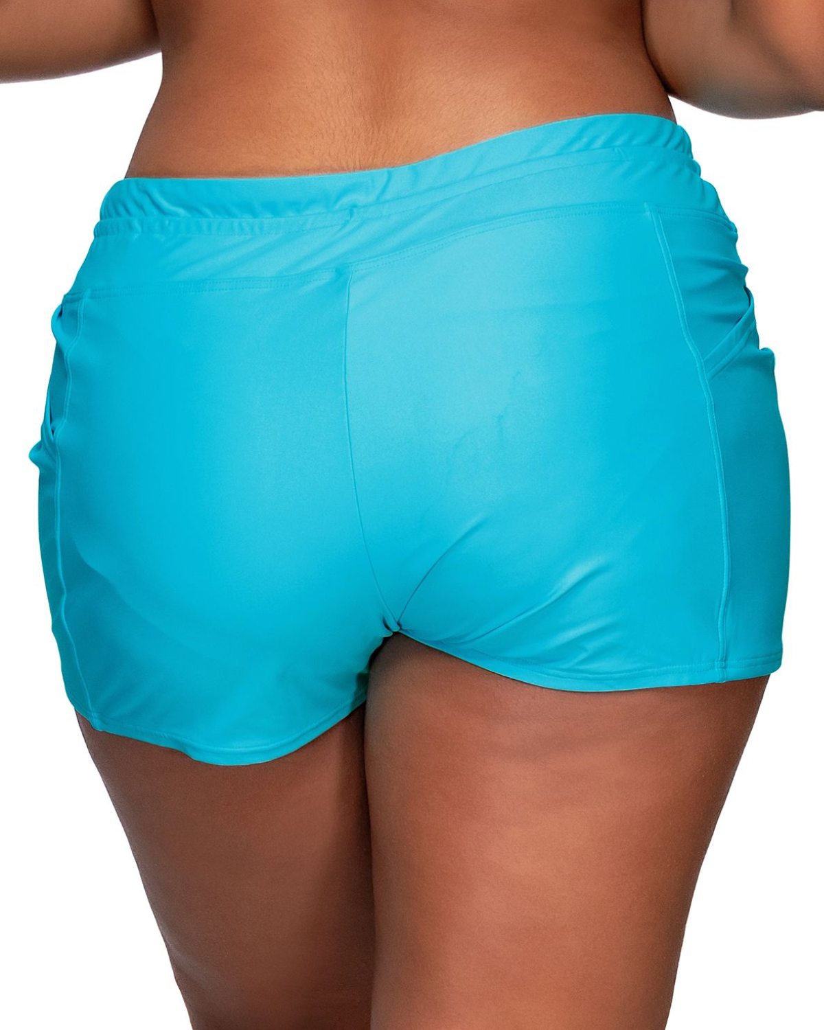 Model wearing a swim short with side pocket in blue