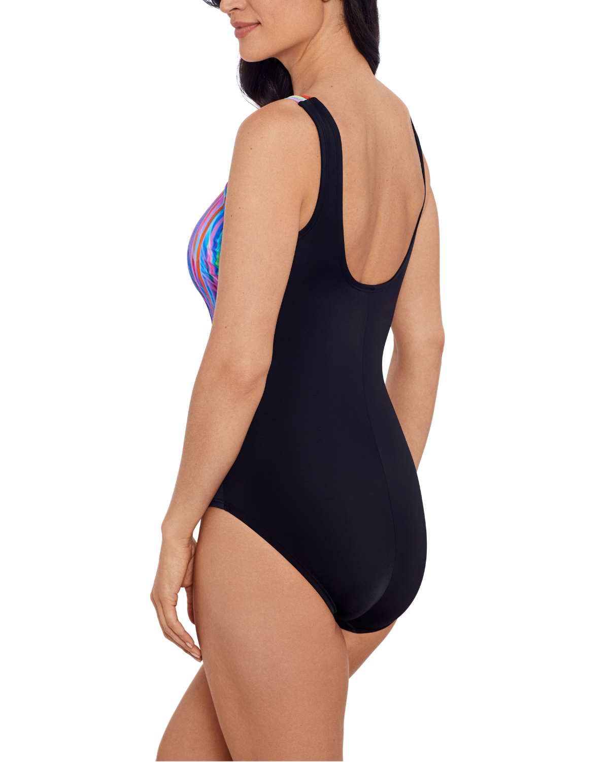Model wearing a one piece scoop neck swimsuit in black with a purple, pink, blue and green crosshatch detailing the top front half. 