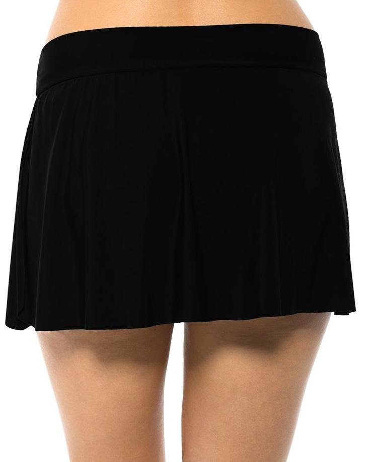 Model wearing a tennis style swim skirt in black