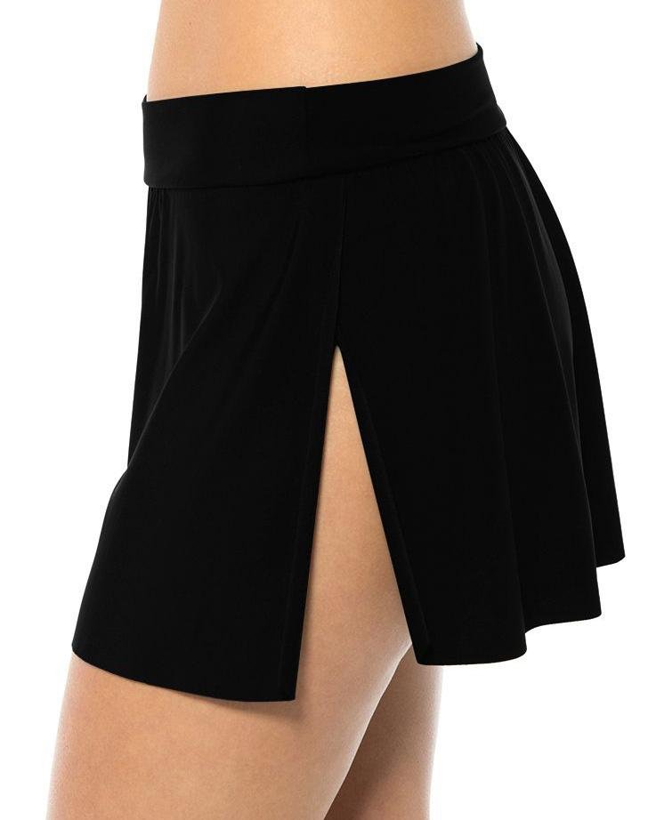 Model wearing a tennis style swim skirt in black