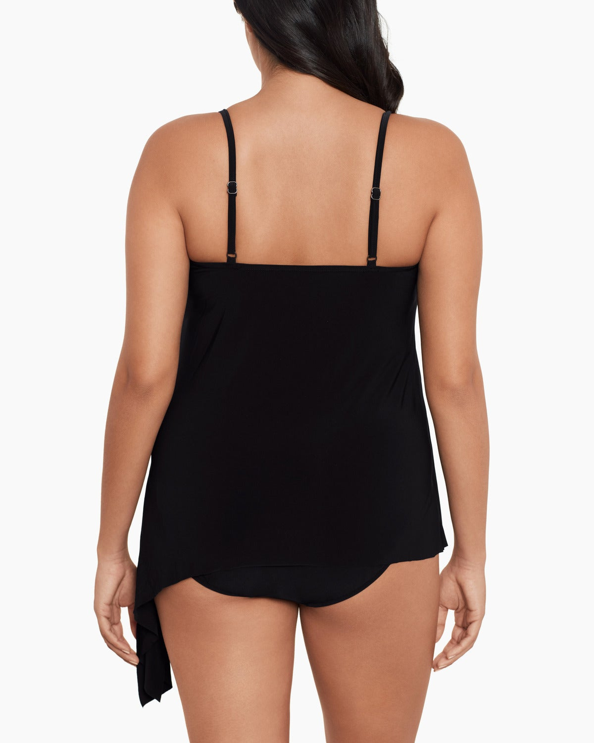 Model wearing a tankini top in black with hidden underwire, tie side and adjustable straps in black