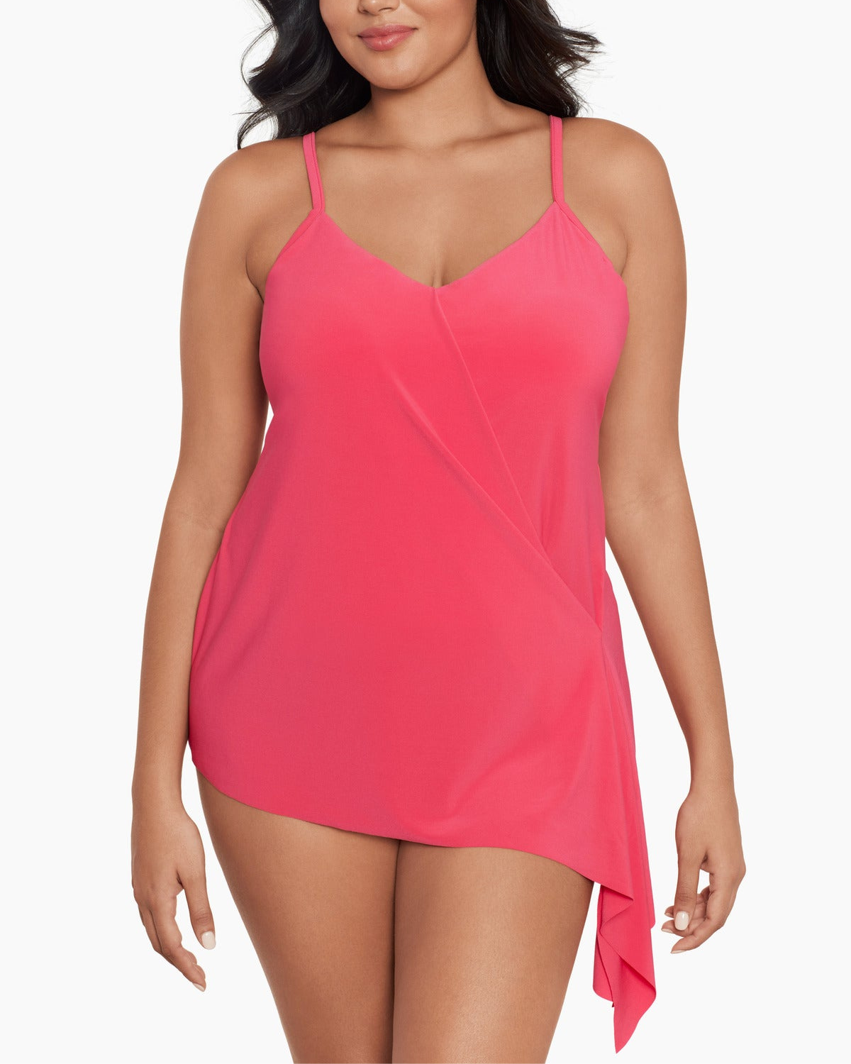 Model wearing a tankini top in black with hidden underwire, tie side and adjustable straps in coral pink