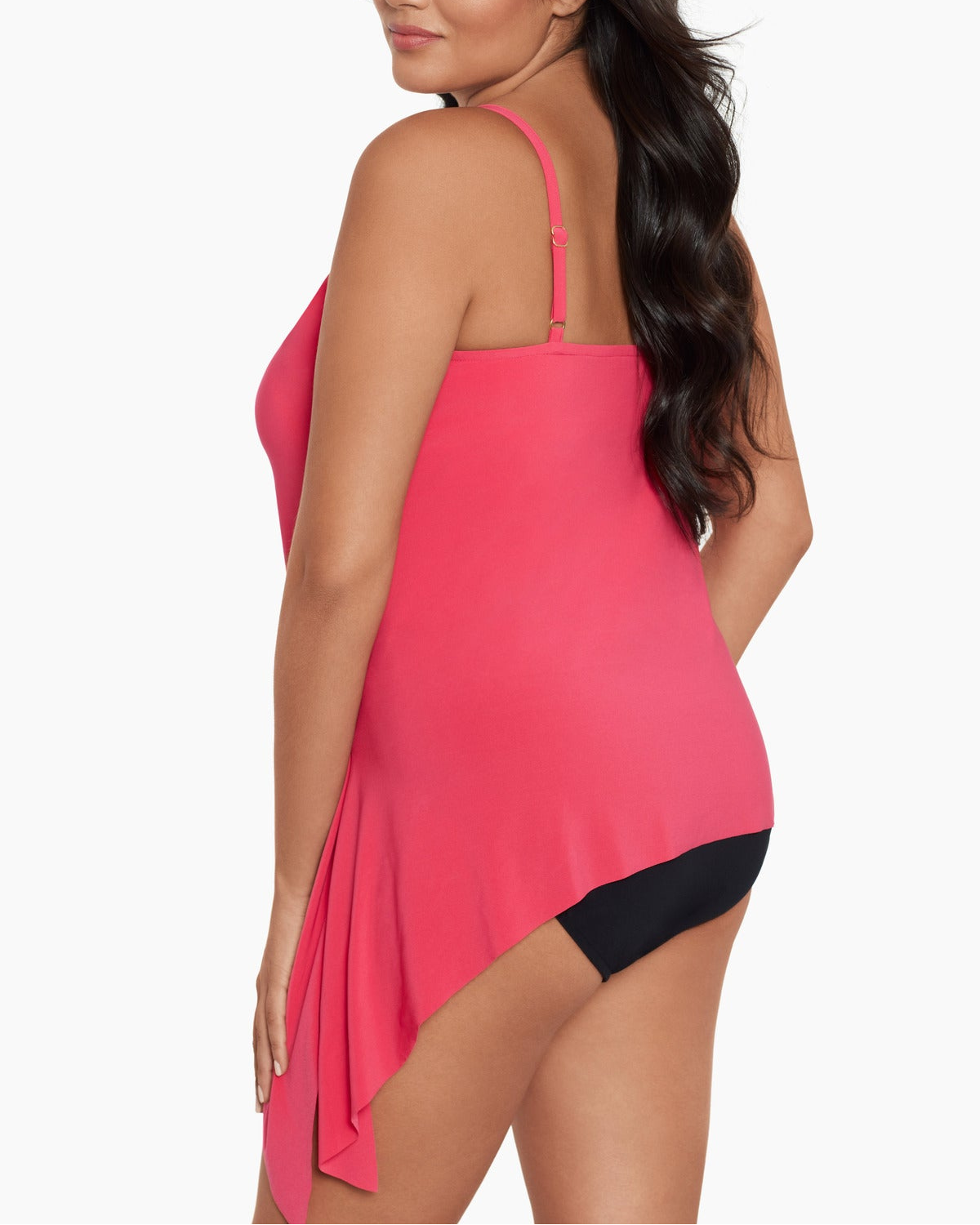 Model wearing a tankini top in black with hidden underwire, tie side and adjustable straps in coral pink