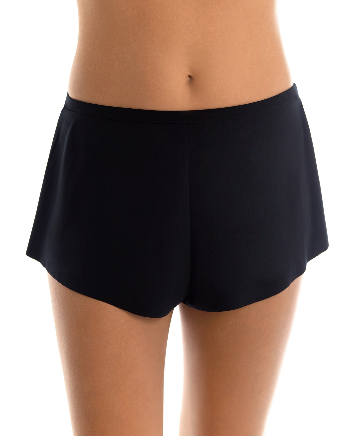 Model wearing a tap style swim short in black