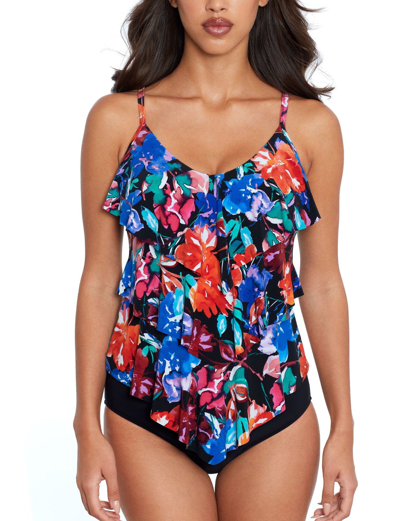 Model wearing a tankini top  with adjustable straps in a black, white, blue and orange print