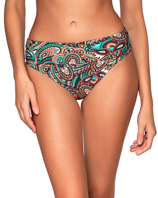 Model wearing a high waist fold over bikini bottom in a turquoise, brown and navy paisley print. 