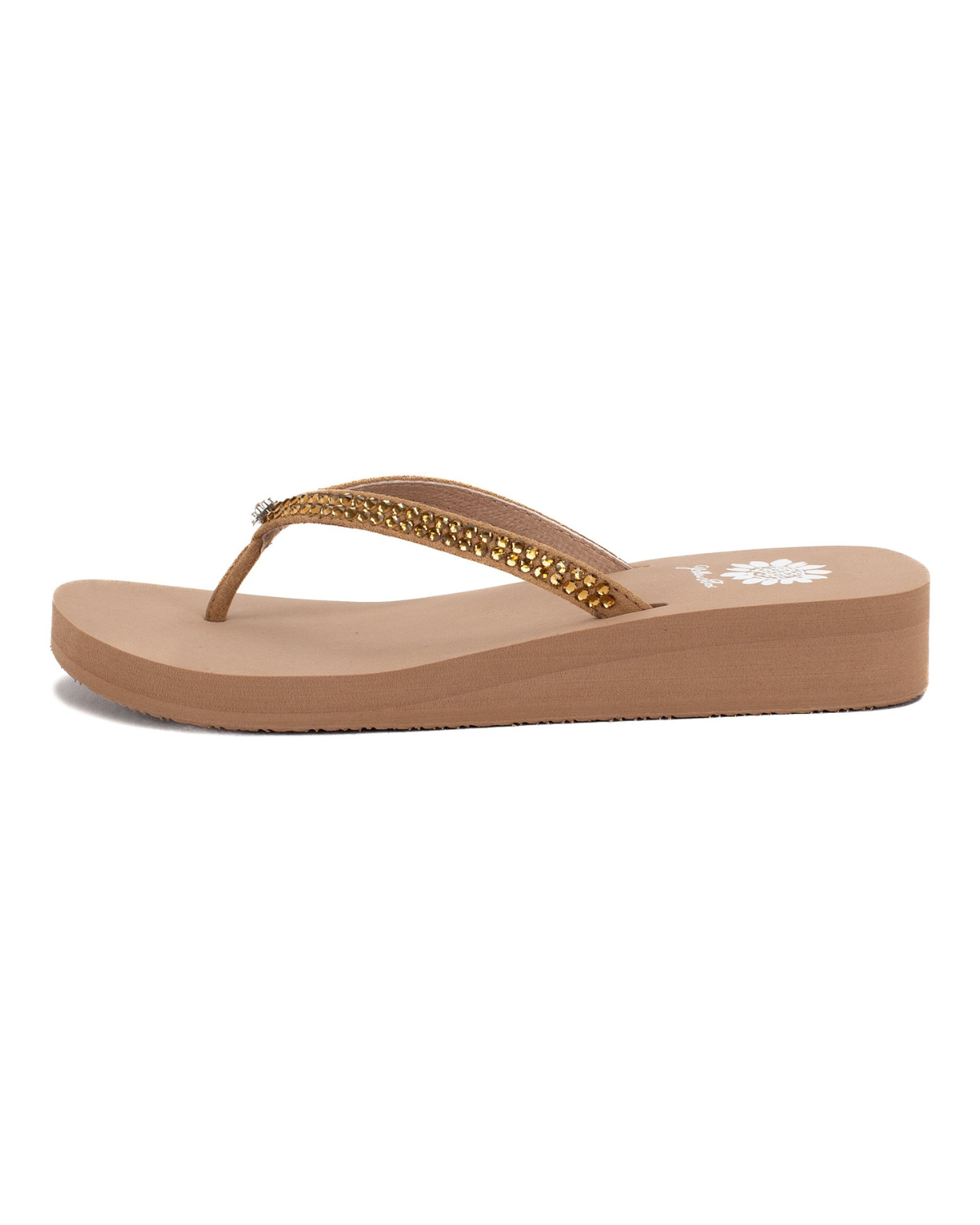 Women's tan wedge sandal with brown rhinestones on the strap.