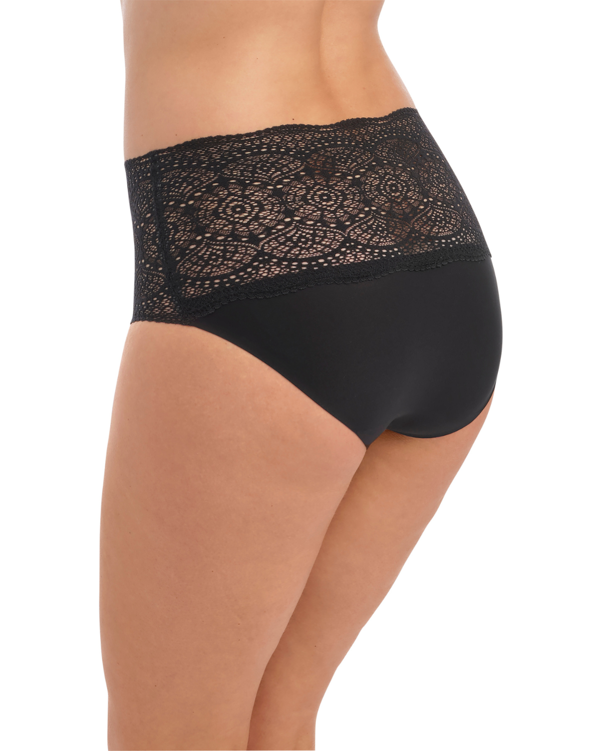 Model wearing a wide lace band brief panty in black