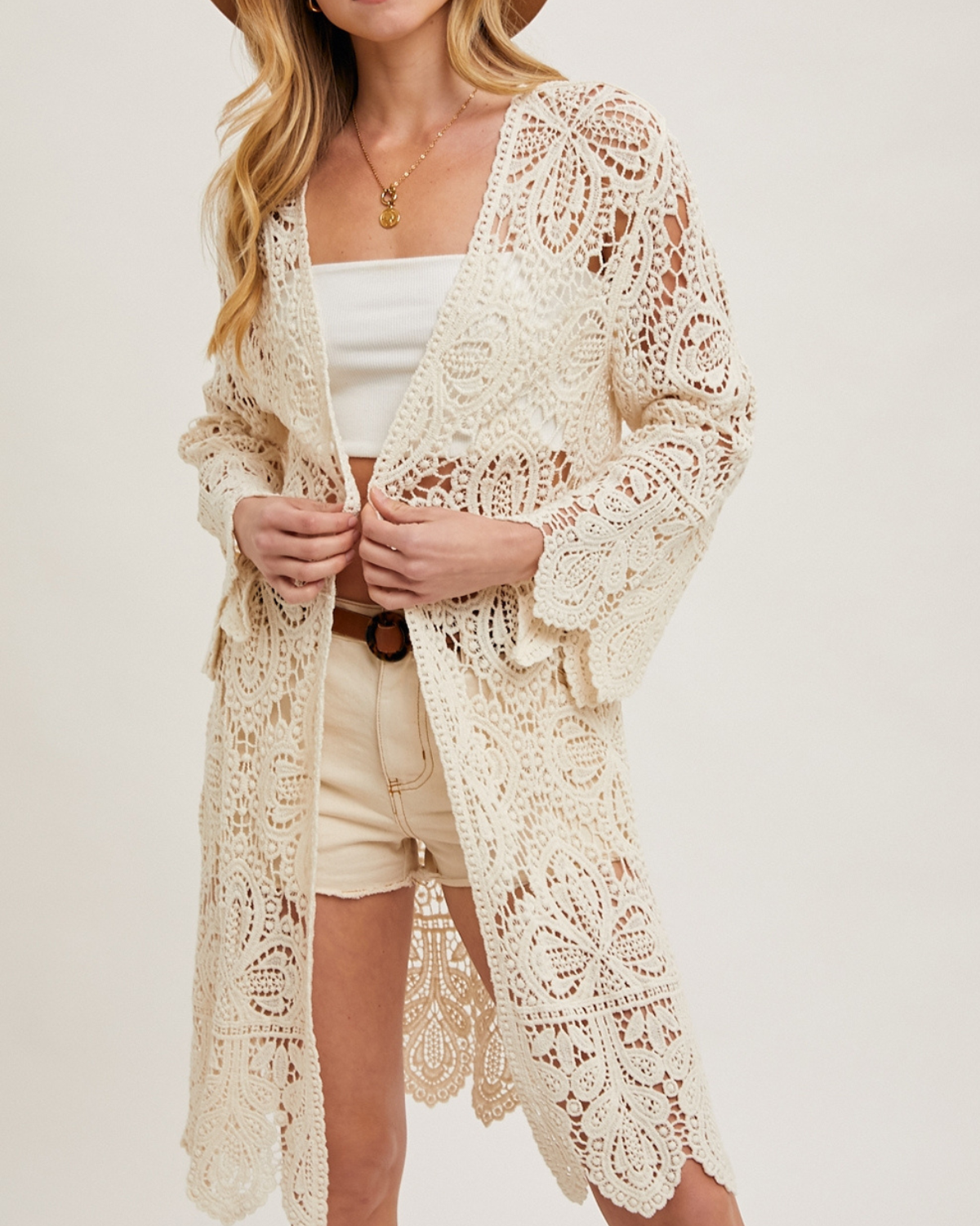 BluIvy Crochet Open Front Bell Sleeved Cardigan - C01990