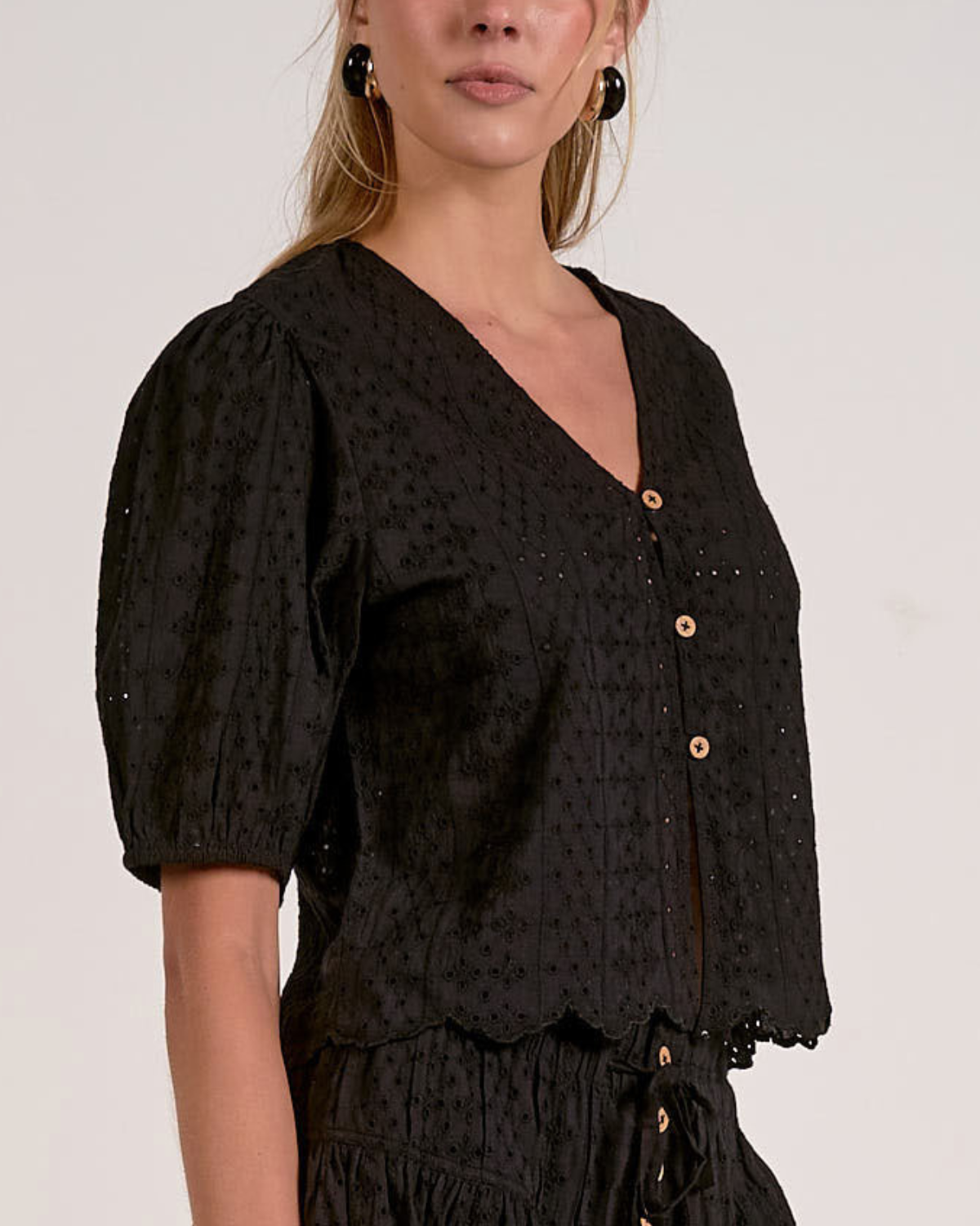 Elan Eyelet Puff Sleeve Crop Top - EL11672