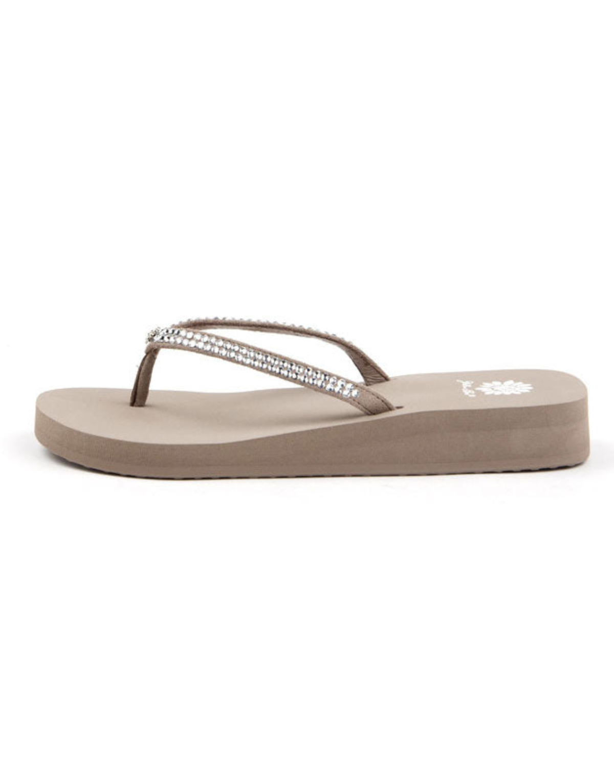 Women's taupe wedge sandal with rhinestones on the strap.