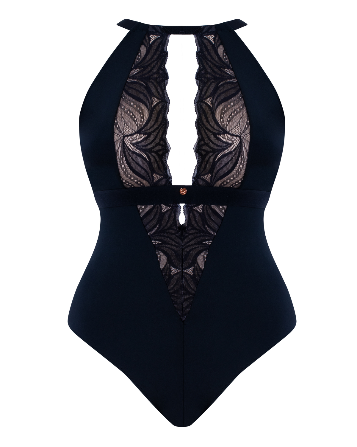 Flat lay of a high neck bodysuit with keyhole detail in black