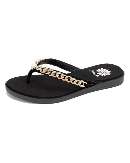 Women's black sandal with gold chain detail on the strap.