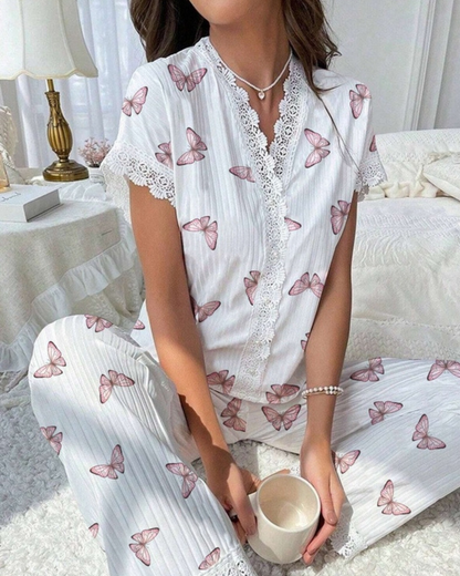 NINEXIS Print Lace Trim Short Sleeve Pajama Set - CWSPJOO468