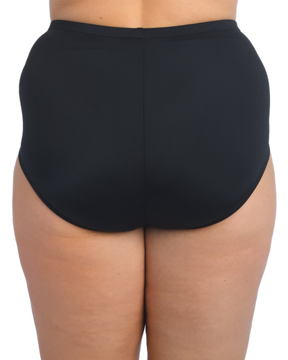 Plus size model wearing a full pant bikini brief in black