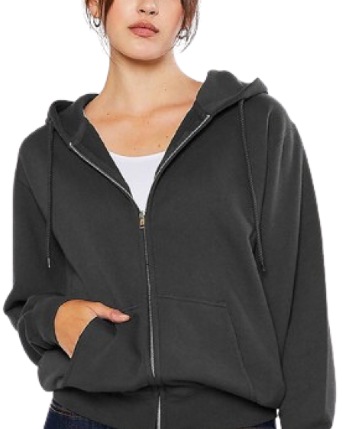 Model on a white backdrop wearing a women's oversized fleece zip up hooded sweater in charcoal grey
