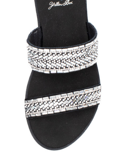 Women's black sandal with two straps of rhinostones.