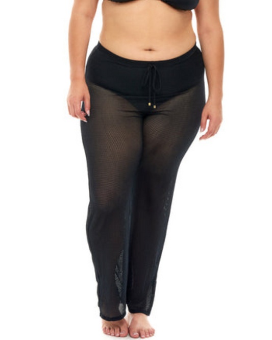 Model wearing a cover up pant in black