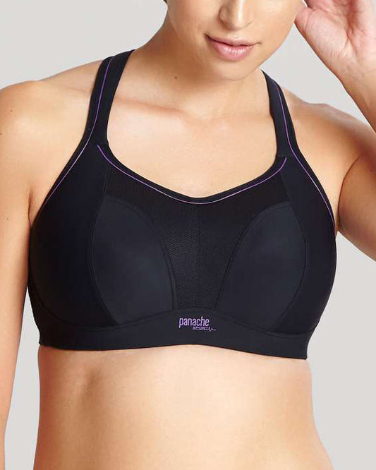 Model wearing a wire free sports bra in black