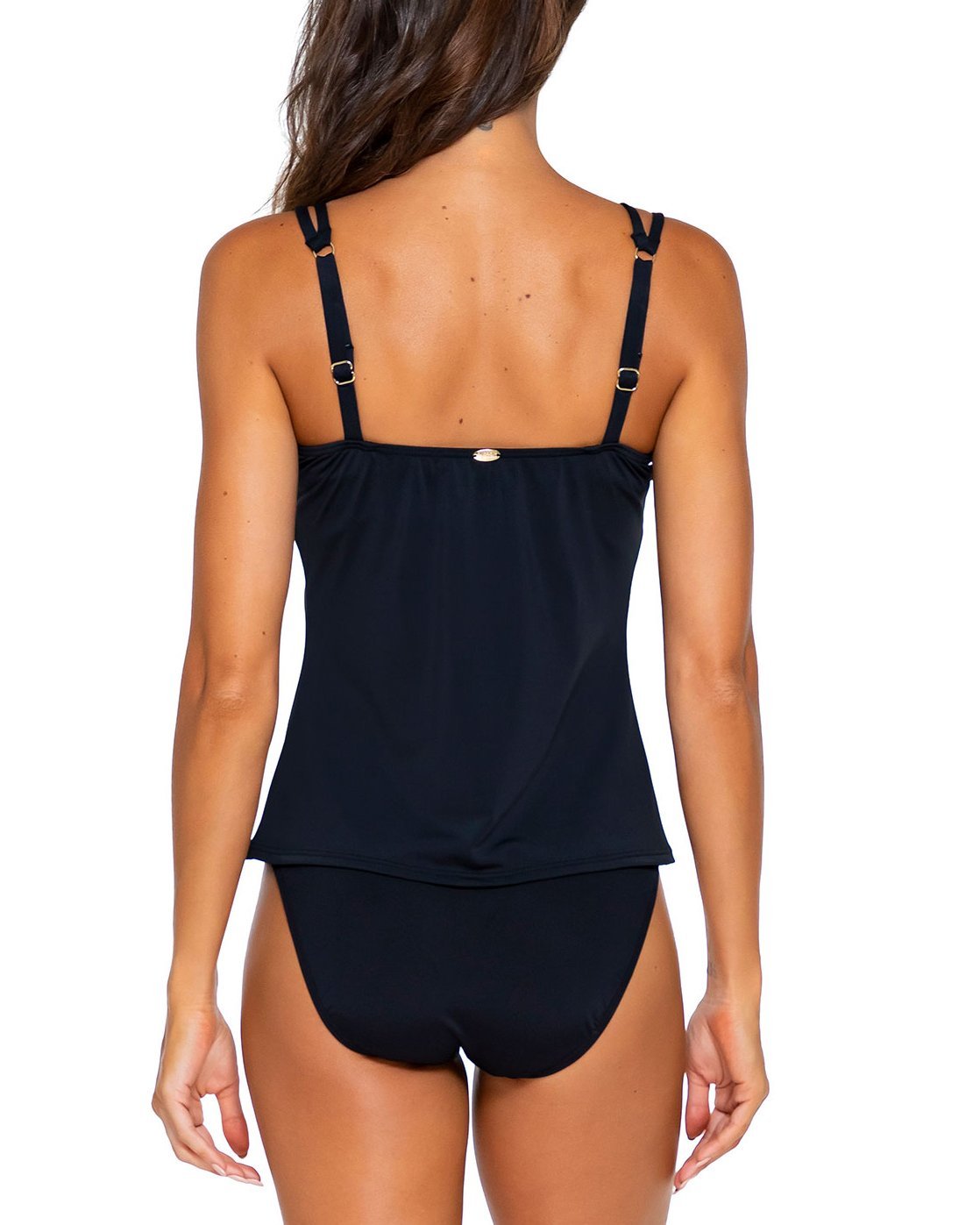Backside of a model on a white background wearing a black tankini with a straight back and adjustable straps