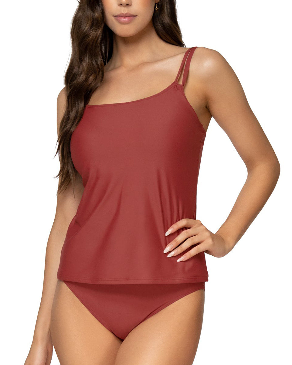 Model on white background wearing a maroon tankini top with hidden underwire