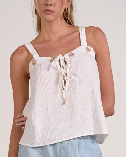 Elan Embroidered Tie Front Gauze Tank - Dge11666