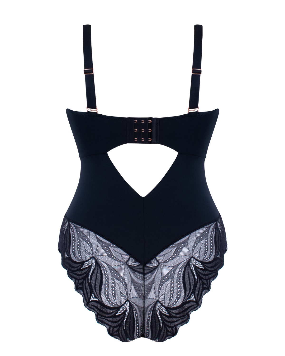 Flat lay of a high neck bodysuit with keyhole detail in black