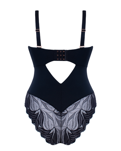 Flat lay of a high neck bodysuit with keyhole detail in black
