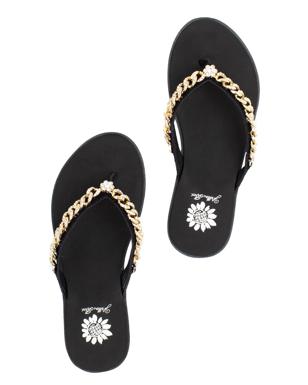 Women's black sandal with gold chain detail on the strap.